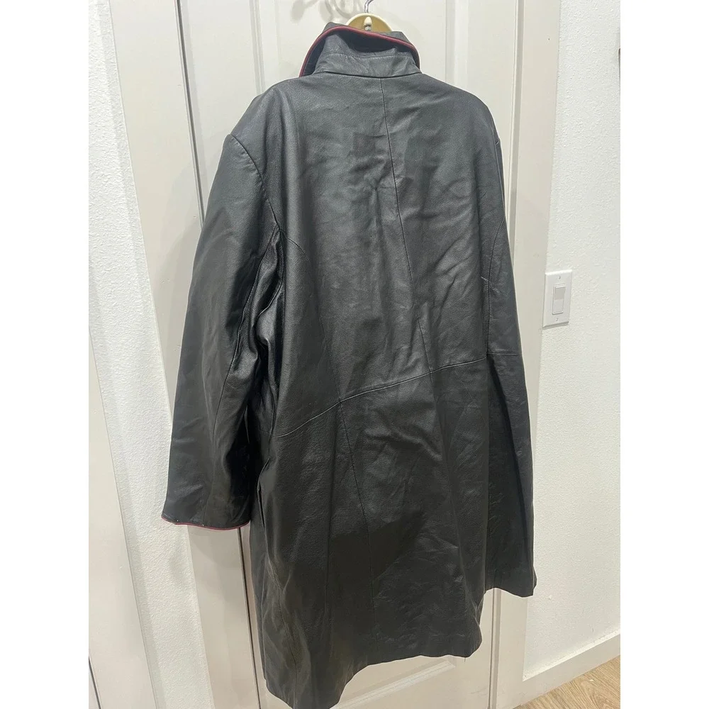 Mens Black Leather Trench Coat Pink Trim‎ Duster Jacket Outerwear Venezia